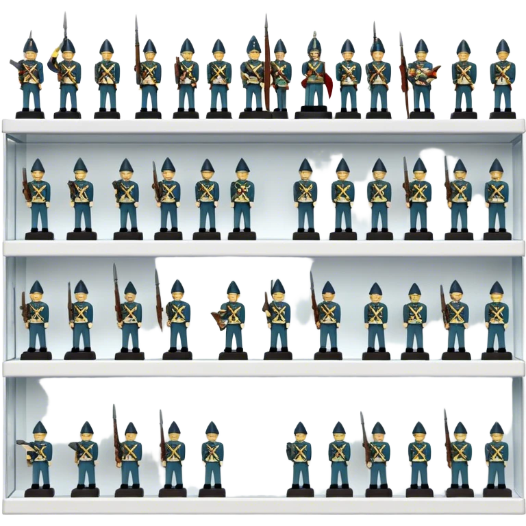 Icon for Miniature Collecting: a collection of finely detailed miniature items such as tiny colorful army of soldiers, ships and accessories, neatly displayed on a shelf or in a display case. The icon should convey the intricacy and charm of collecting miniature objects. Transparent background. emoji