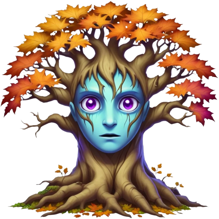 An ancient, psychic tree evolves by absorbing the essence of fallen autumn spirits, sprouting a radiant, maple-crowned face that channels both forest wisdom and fiery seasonal magic through its gnarled. Purple eyes, blue eyes sharp teeth, heterochromia emoji