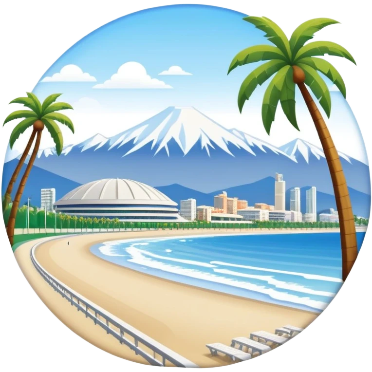 A vibrant emoji of Sochi, featuring a sunny beach with palm trees, snow-capped mountains in the background, and a small Olympic stadium, capturing the city's unique blend of seaside and mountain vibes. emoji