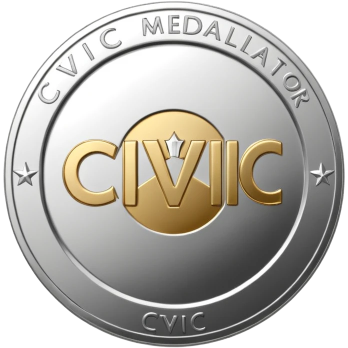 A silver coin type medallion with the words 'Civic Medallion' in large font on it. emoji