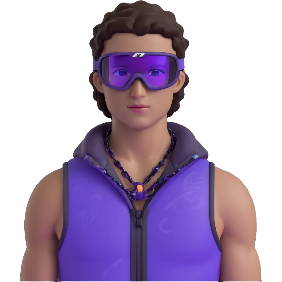 male athlete with white skin and moderately curly dark brown hair on top with shaved sides, wearing ski goggles with purple frames and very dark black lenses, a simple plain black chain necklace, and a completely unzipped sleeveless vest with purple and black sequin fire pattern design with no logo, fully revealing his chest, shoulders and arms, no earrings emoji