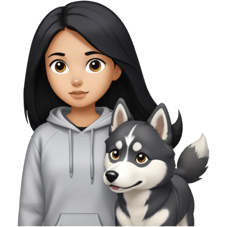 A girl with long black hair wearing a sweatshirt walks a black and white husky emoji