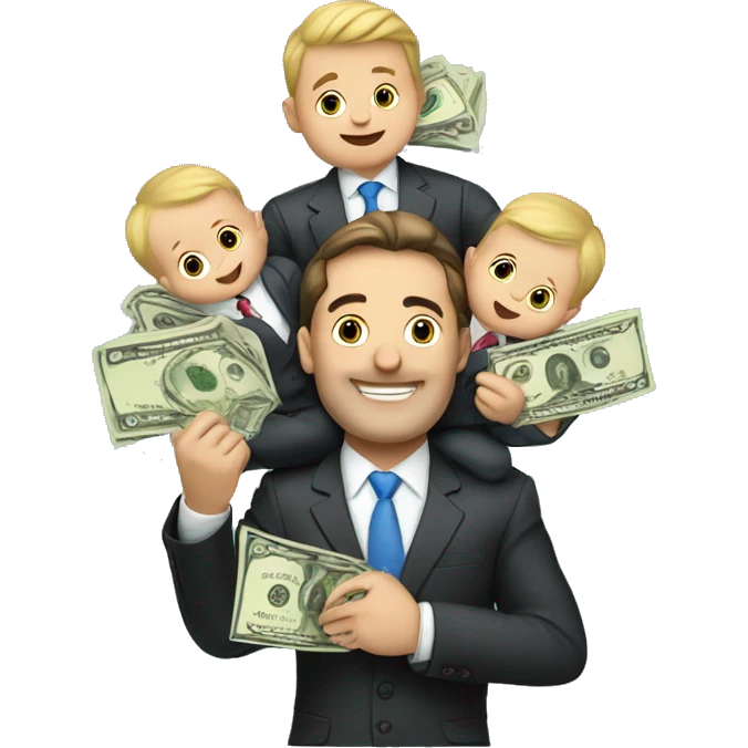 a businessman holding two babies, he's dangling cash over their heads with 2 other arms emoji