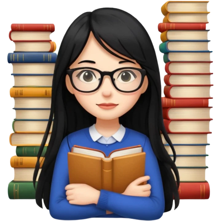 lecture girl with fringe long black color hair with lots of books emoji