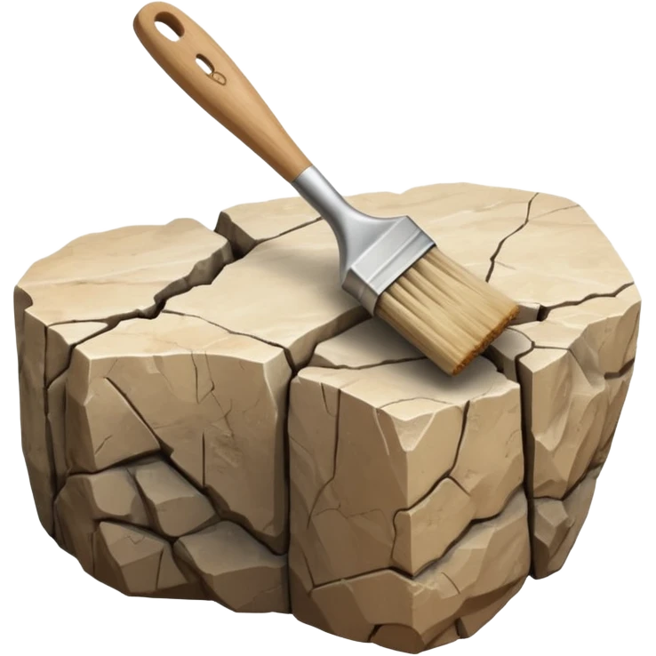 3D render of Archeology Brush, embedded in a chunk of rough sedimentary rock, cracked stone texture, ancient fossil aesthetic,pale wooden handle with dusty beige bristles, matte dry finish, Apple emoji style, isolated on white background --v 6.0. emoji