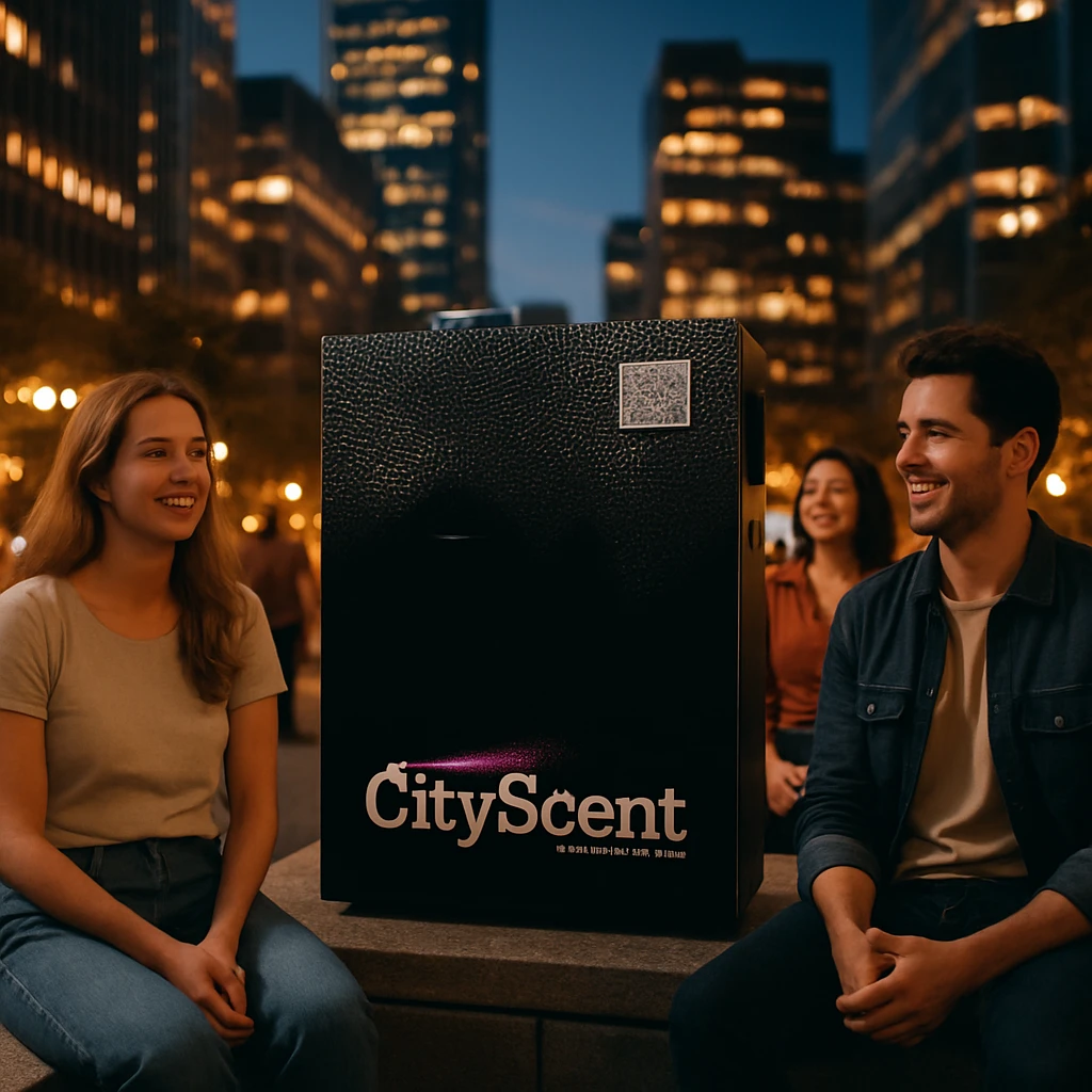 Place this exact CityScent air freshener machine in the center of a modern cityscape at evening, illuminated by ambient city lights. Show a few people nearby, sitting or standing, looking relaxed and happy, enjoying the scent. The style should be photorealistic, realistic and inviting. emoji