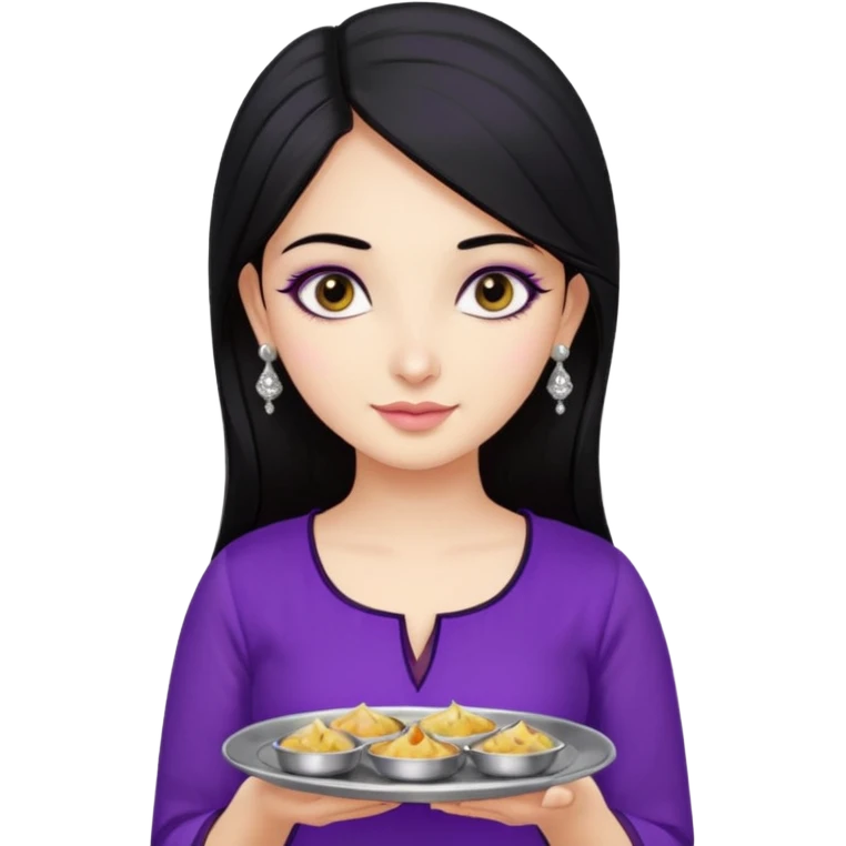 a pretty bratz girl with straight black hair, wearing a purple kurti, silver jhumkas, eyeliner, carrying a plate of momos. No necklace or bindi emoji