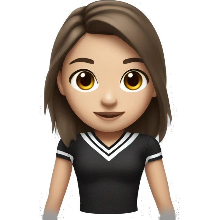 Short girl with long brown hair in black and white cheerleading uniform with brown eyes and long eyelashes  emoji