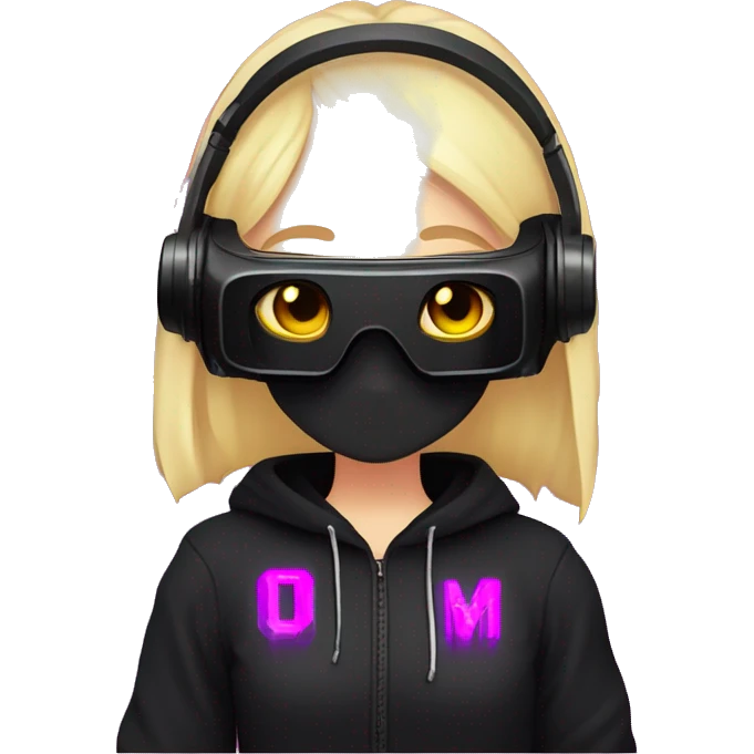 Russian cute blond student girl wearing black hoody with violet letters "OMG", in vr headset. No eyes. Cyberpunk style. Violet neon. emoji