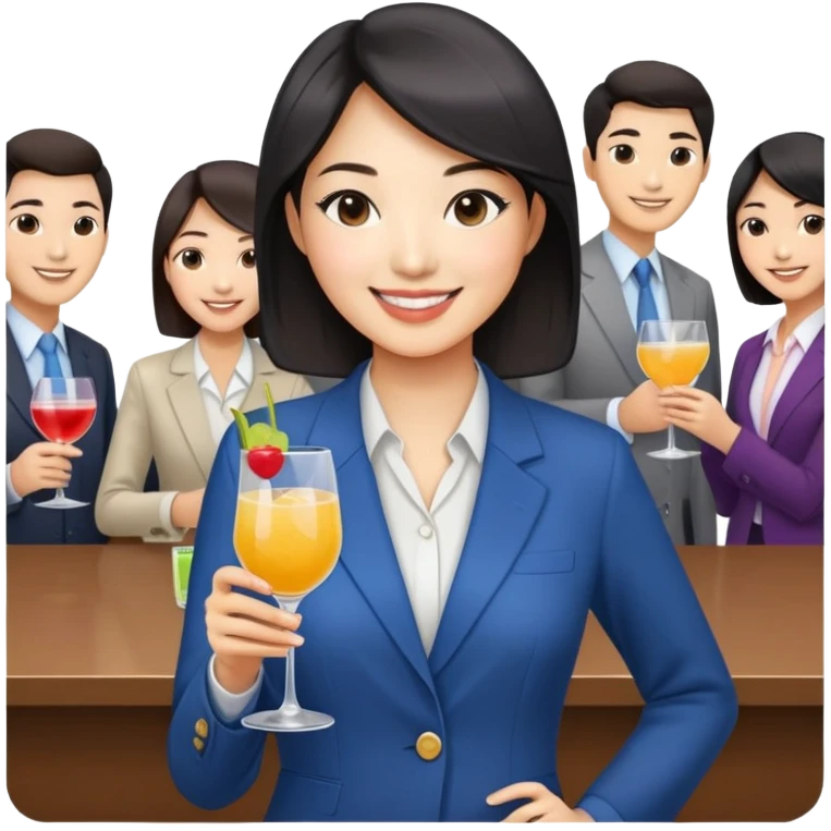 asian women business casual clothing, smilingholding cocktail glass socializing at a work party emoji