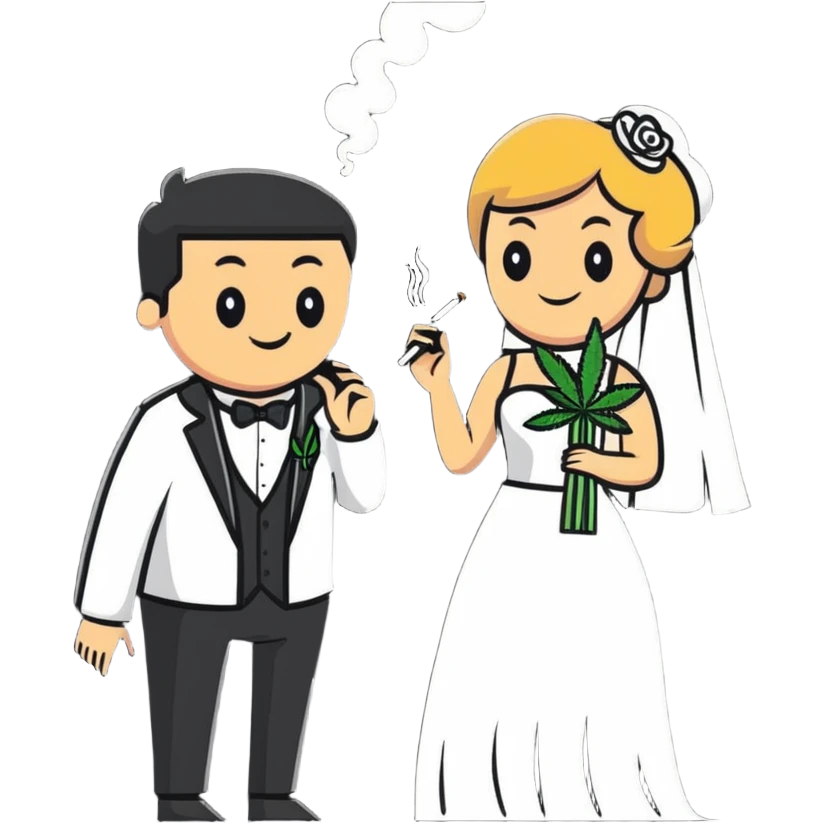 Person in fancy clothes sneaking into a wedding ceremony with a mischievous grin, uninvited guest, smoking cannabis emoji