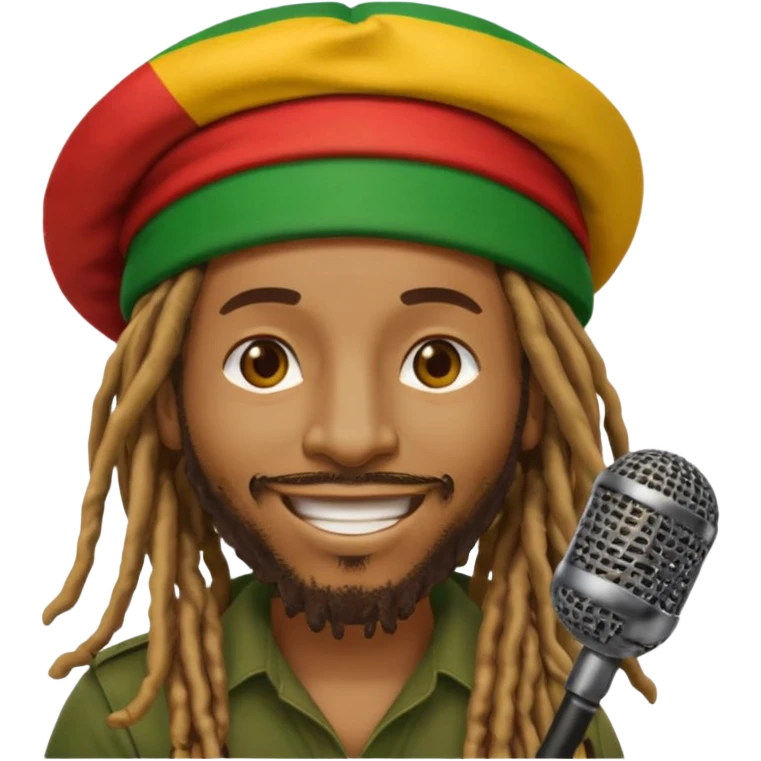 Emoji sticker of reggae artist Anthony B 🧔🏾‍♂️ with dreadlocks, Rasta hat 🟥🟨🟩, smiling and holding a mic 🎤. Text says 'Big Up Anthony B!' in bold reggae font 💥🔥✊🏾 emoji
