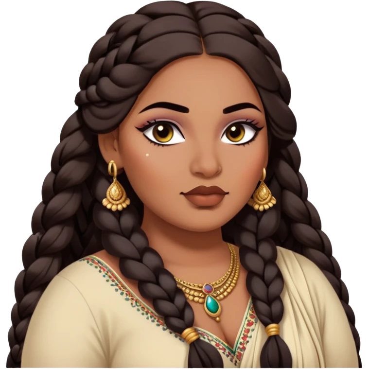 big plus size, medium deep skin, long braided hair, baddie,pretty, makeup, lipgloss, black eyeliner, loose dupatta, indian
 emoji