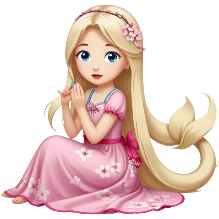 Turkish Girl with long blond hair with cherry blossom accessories on her hair with a long tailed cherry blossom dress on the ground and have blue eyes with beautiful finish and she sending lovely kisses  emoji