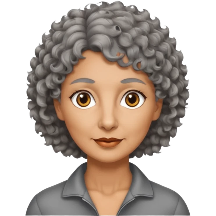 woman 50 years old, tanned skin, short grey curly-wavy wolf cut hair, brown eyes emoji