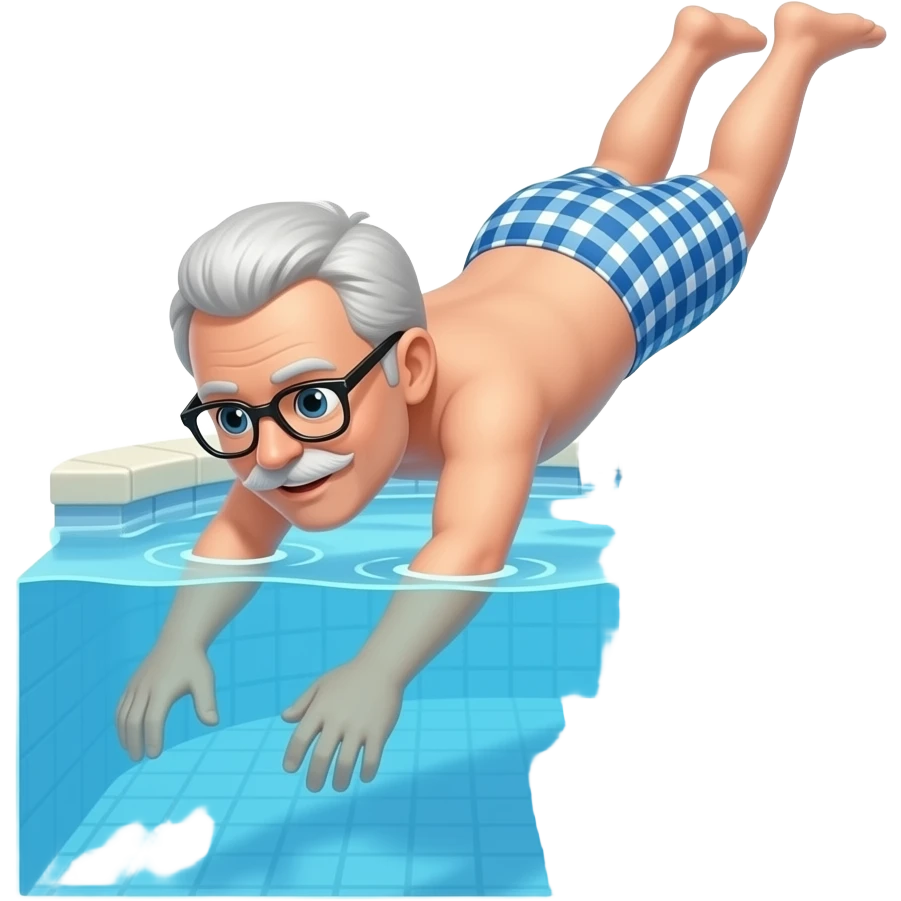 60 year old White  man with no beard  diving into pool  with no swim suit wearing glasses emoji