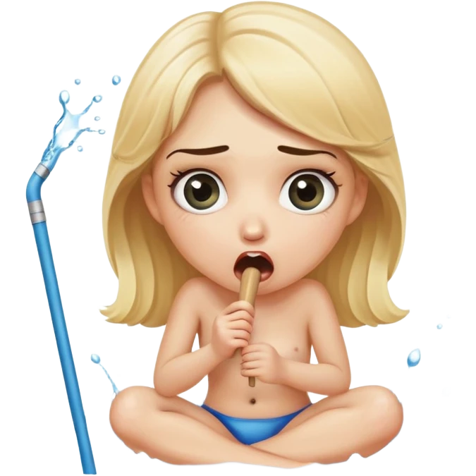blond woman sitting on her knees with wide eyes, holding a wide skin-colored stick with a D-shaped knob, the stick has skin texture, water squirting from the knob into her mouth, shocked face emoji