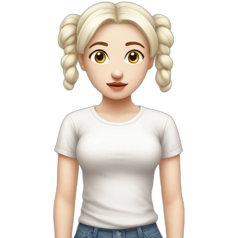 sad girl with pale skin and white hair in two buns, white t-shirt emoji