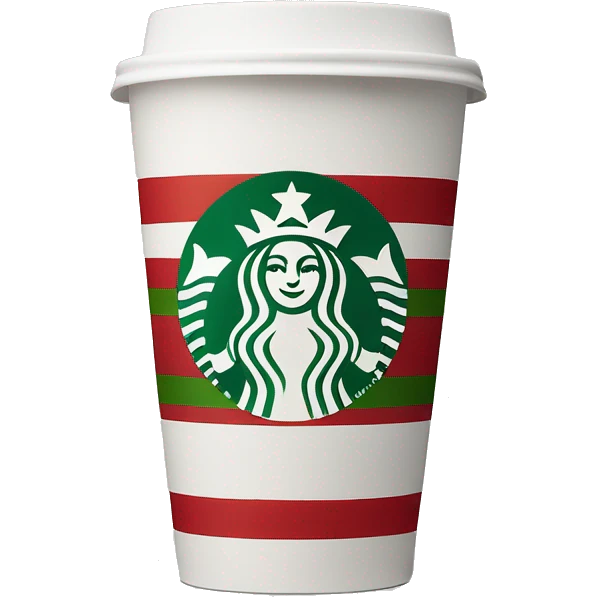 A Starbucks coffee cup with red and green stripes and the Starbucks logo on the front, white lid emoji