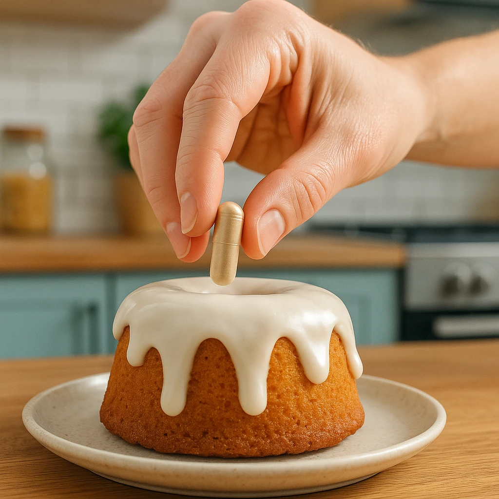 realistic style, hand positioning a dietary supplement capsule on a cake with glaze, cheerful atmosphere, detailed, modern kitchen emoji