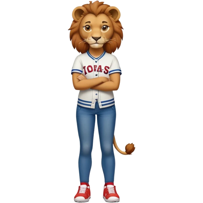 confident anthropomorphised female lion wearing a baseball shirt, jeans, trainers, standing with arms crossed, dominant pose emoji
