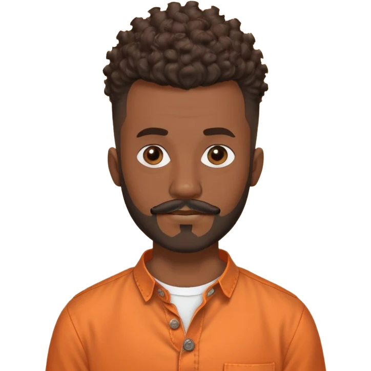 
"Brown adult man (around 24), curly mohawk with shaved sides, beard and mustache. Wearing an orange collarless round-neck button-up shirt. No teenage or old features."

 emoji