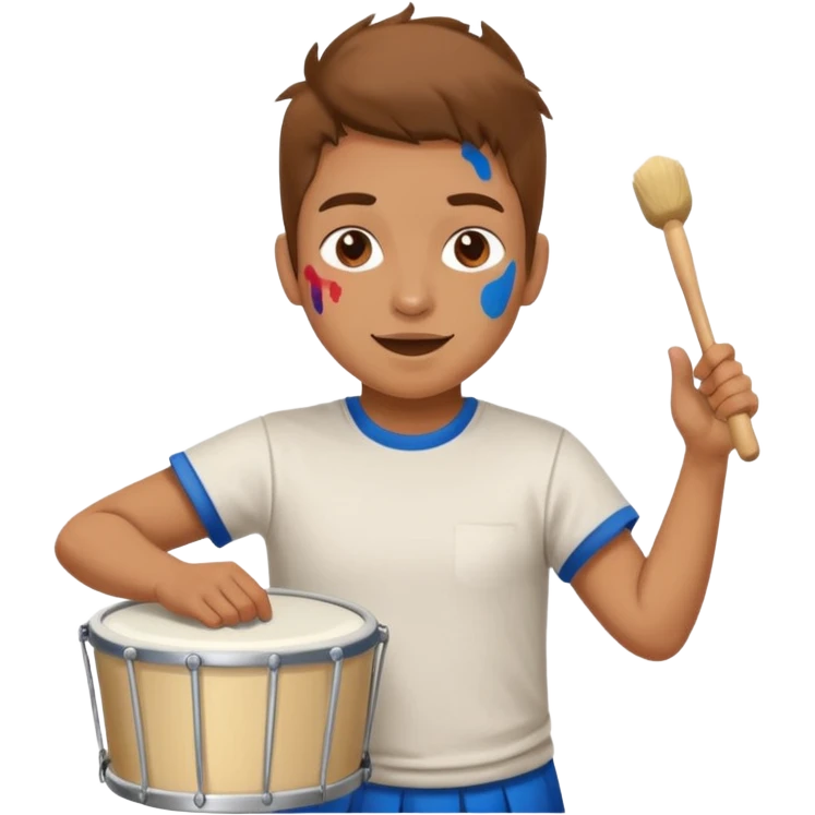 A loud fan, simple tee shirt with paint on his cheeks with a marching drum, beating it with enthusiasm emoji