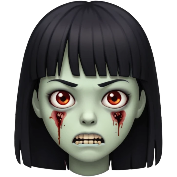 Zombie emoji Girl straight hair and bangs with a serious face and sharp teeth emoji