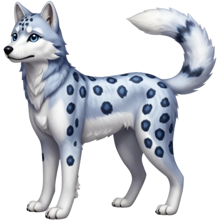 Realistic lanky natural feral beautiful pretty "Schnolf"-"TaniDaReal"-Husky-Snow-leopard-wolf-hybrid-fusion-animal-creature, full body, with whiskers, thick long fluffy tail emoji