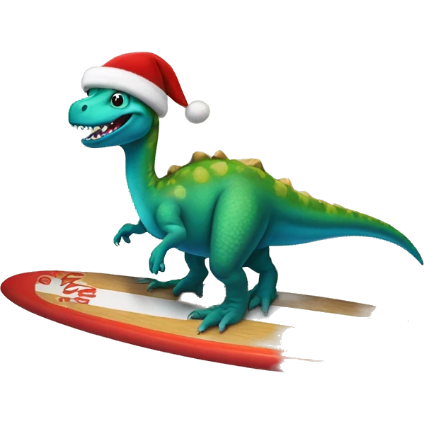 dinosaur on a surf board with a christmas hat emoji