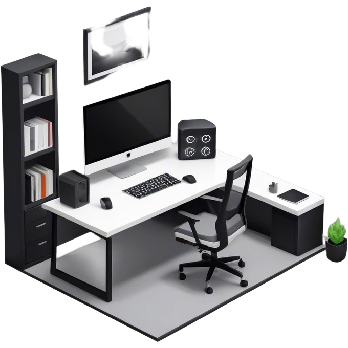 An isometric 3D room with two walls that meet at the back left and right. The floor is made of gray wood. The room is decorated in a modern black and white style. In front of the window is a wide desk with a large monitor and an open laptop, with a black gaming chair next to it. emoji
