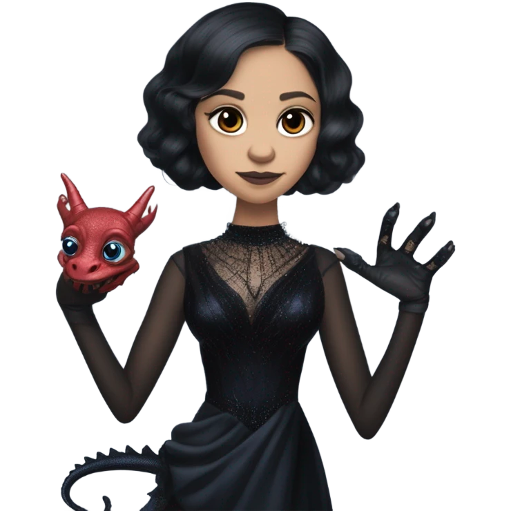 relaxed low cut back silk black evening gown with see-through gloves, Jenna Ortega as Addams woman prom queen wearing a mini tiara, very large blood blue evil-looking horned old dragon hand puppet emoji