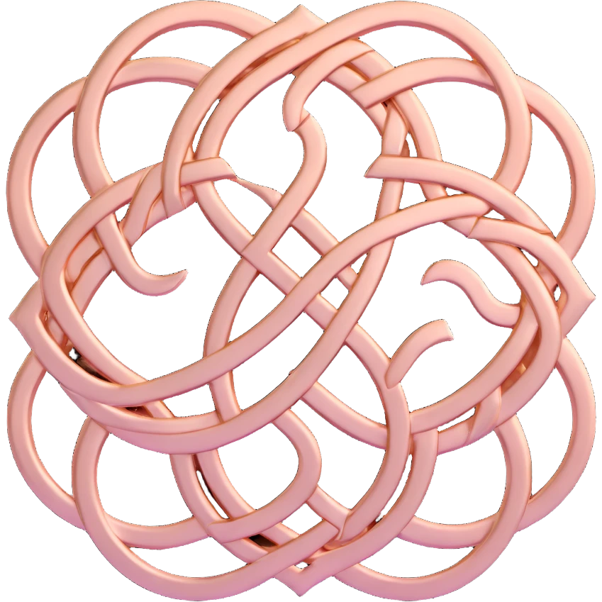 Create a karma symbol with an endless knot featuring intricate interwoven lines. The style should be 3D rose gold metallic with realistic shine and depth, icon-like and balanced. No background, transparent. emoji