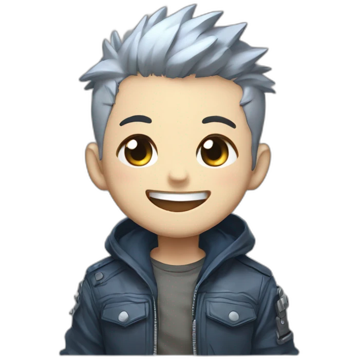 logo illustrated boy skull laughing out loud, chibi anime style, head and shoulders only, light brown eyes, short gray hair, cyberpunk jacket with blue colors, flashing background. emoji