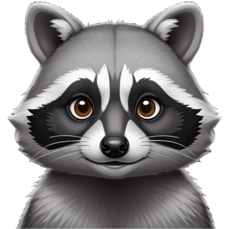 Cinematic-Noble-Raccoon-Portrait-Emoji – Poised and confident, with a sturdy build and a beautifully textured fur of silver-grey accented by dark black facial markings, deep-set, large big black eyes revealing no white, simplified yet sharp and sophisticated zoom out to show shoulders emoji