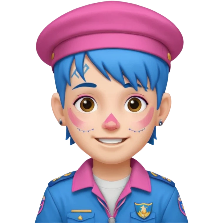 scout boy with very pink scout uniform, blue haired and hat, heavy face tattoed emoji