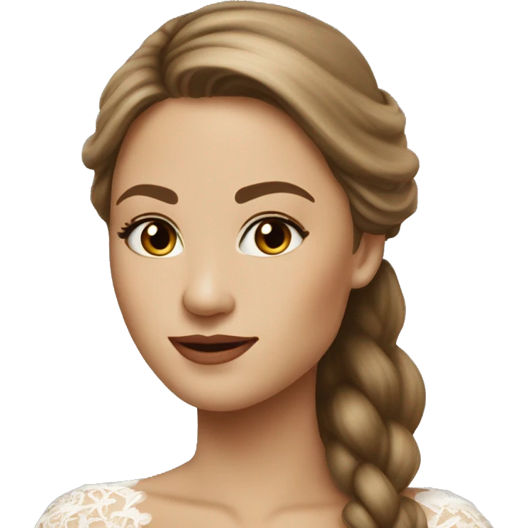 Beautiful woman with long straight light brown hair wearing a long sleeved laced wedding dress emoji