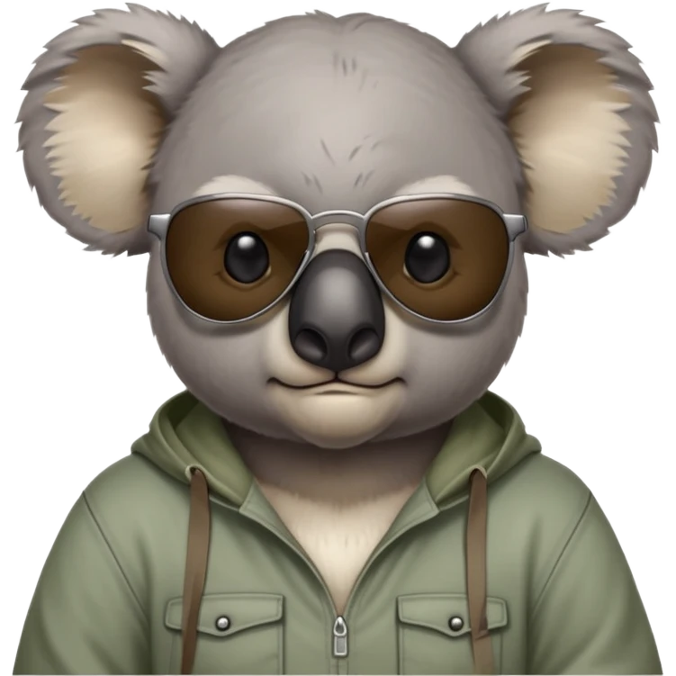 anthropomorphised koala, head and shoulders, casual clothing, dark sunglasses, grumpy expression emoji