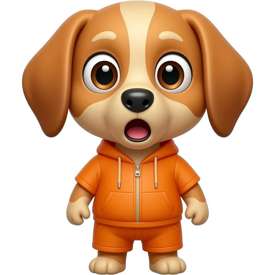 A small orange dog shaped like a human, dressed entirely in orange, looking at us with a very surprised expression. emoji