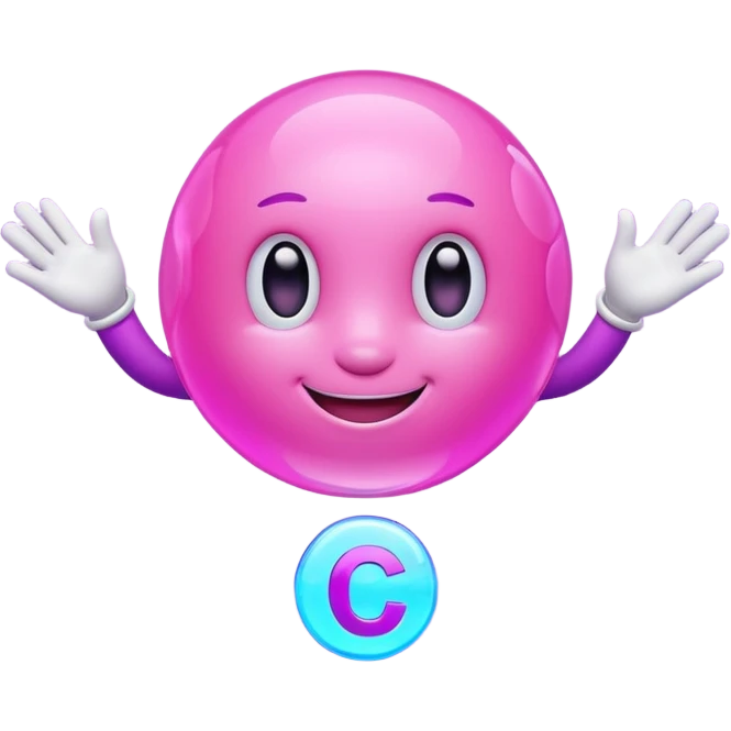 Friendly round AI mascot with a neon C badge, floating hologram in hands, purple-magenta glow. emoji