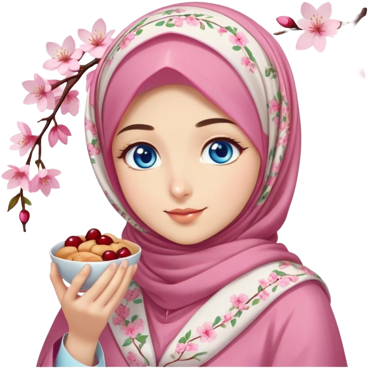Turkish beautiful finish Konya girl blue eyes with cherry blossom floral hijab islamic dress and she’s savouring delicious food face emoji