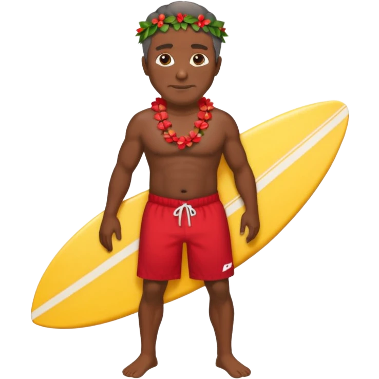 50 year old dark Hawaiian surfer with red shorts and a shell lei surfer  emoji