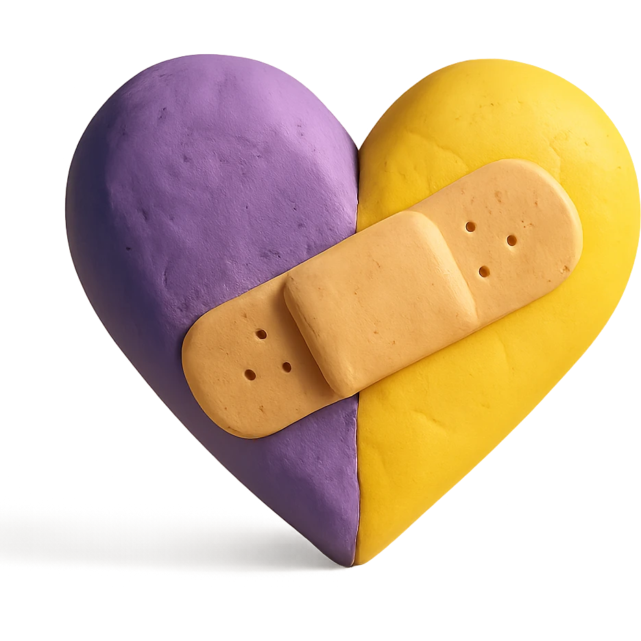 purple and yellow heart with a bandage emoji