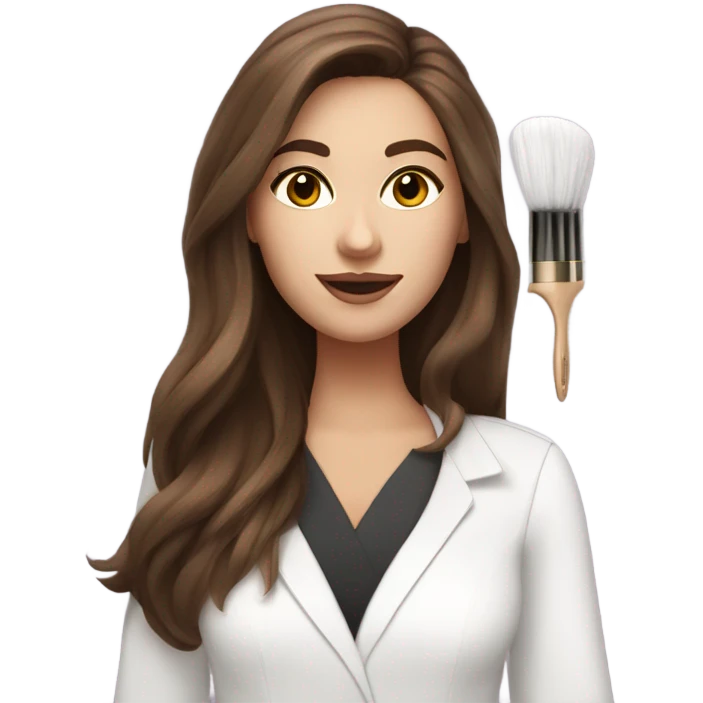 Brown haired esthetician with hair down wearing white holding fan brush emoji