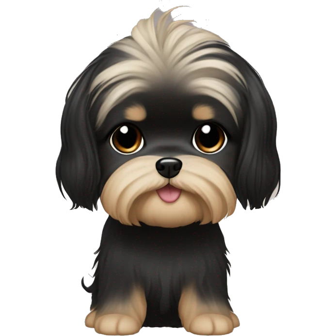 long black hair korean girl with beige and black shih tzu yorkie, short floppy ears. He has light eyebrows  emoji