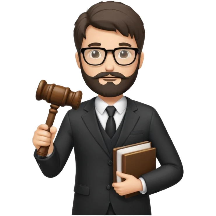 Create a male lawyer. he is wearing a fromal suit jckeret. He is holding a gavel in one hand and a book tucked under his another arm. He has beard and glasses without the glass lol. And the hair is kinda darker but not black emoji