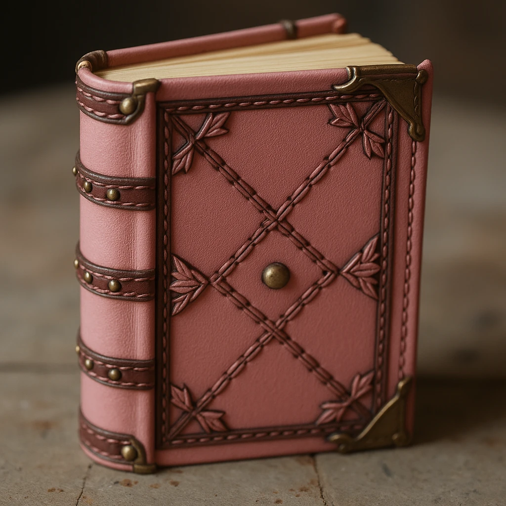 Change the leather cover of the diary to pink, keep the diary closed with brown leather and gold-edged pages, realistic and detailed style. emoji