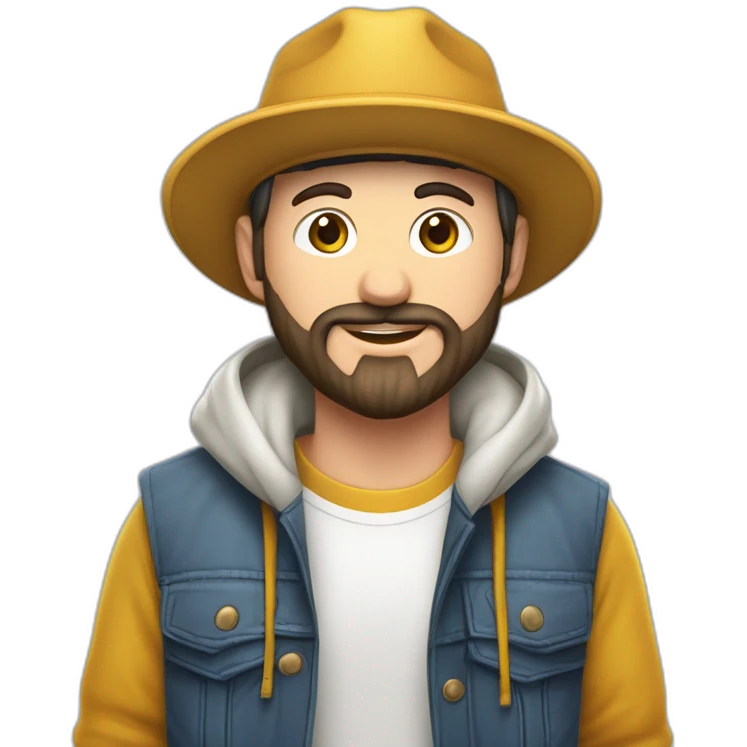 Joven piel blanca gorra levemente gordo con poca barba audífonos de cintilll emoji