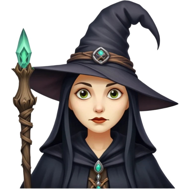 Baba Yaga sorceress woman, classic witch hat, mysterious expression emoji