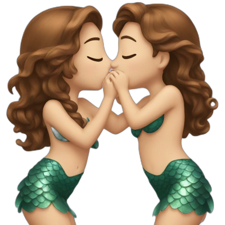 Two brown haired mermaids kissing emoji